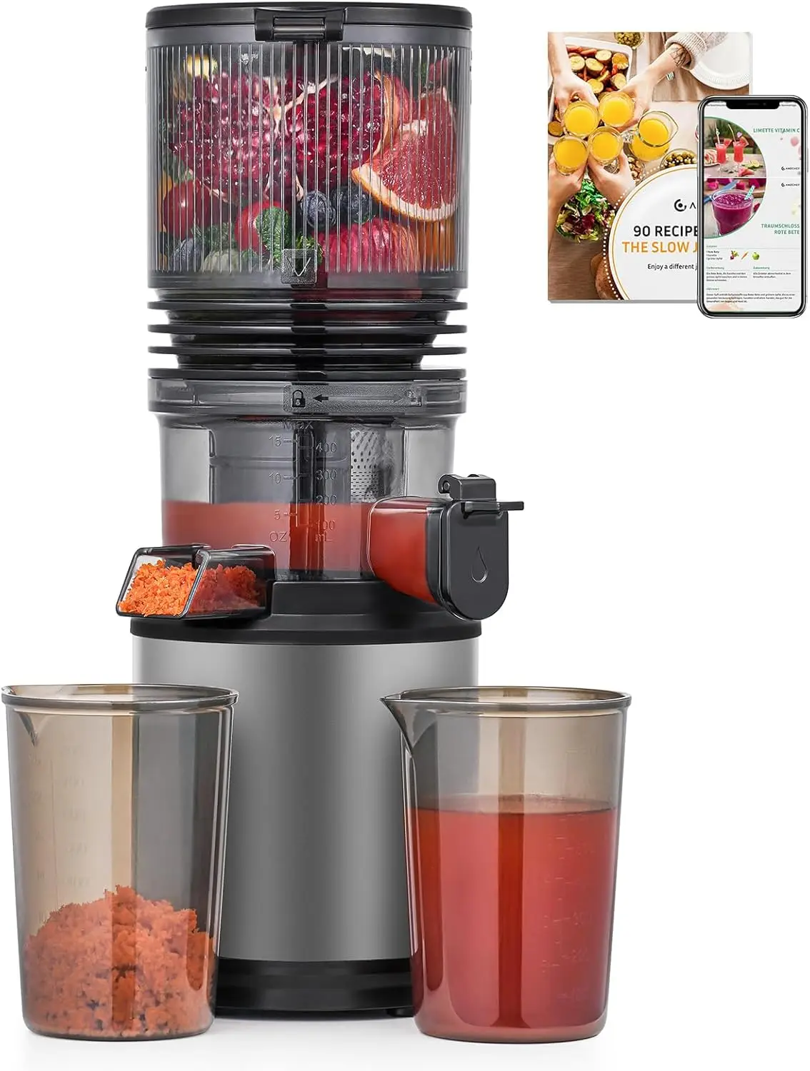 

Cold Press Juicer with 6' Wide Chute, Triple Stainless Steel Filter, Quiet DC Motor, Easy Clean, High Juice Yield, Grey