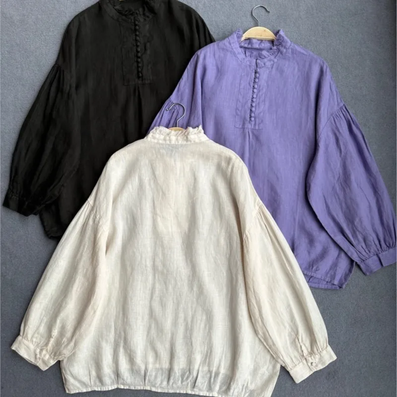 Johnature Japanese Ruffle Collar Long Sleeve Shirts Women New Vintage Casusal Solid Color Loose Linen Shirt For Autumn 2024