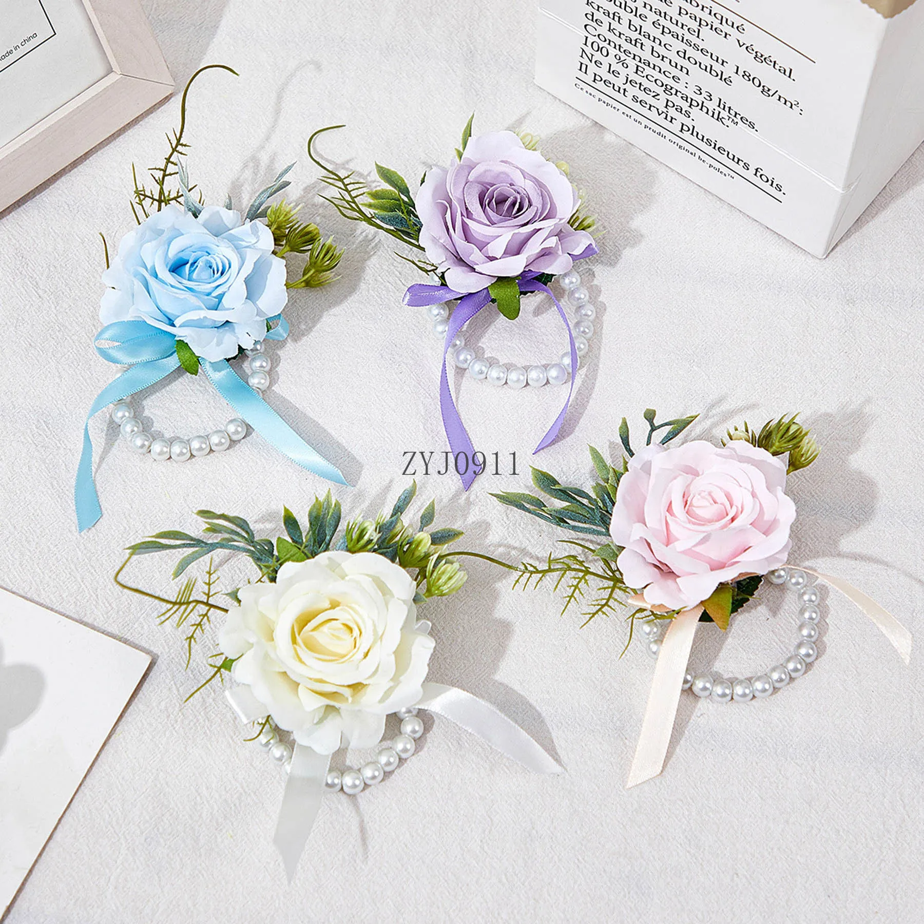 *الصدار 2 قطعة المعصم زهرة الزهور السوار الاصطناعي روز اللؤلؤ سوار للعروس وصيفه الشرف الزفاف