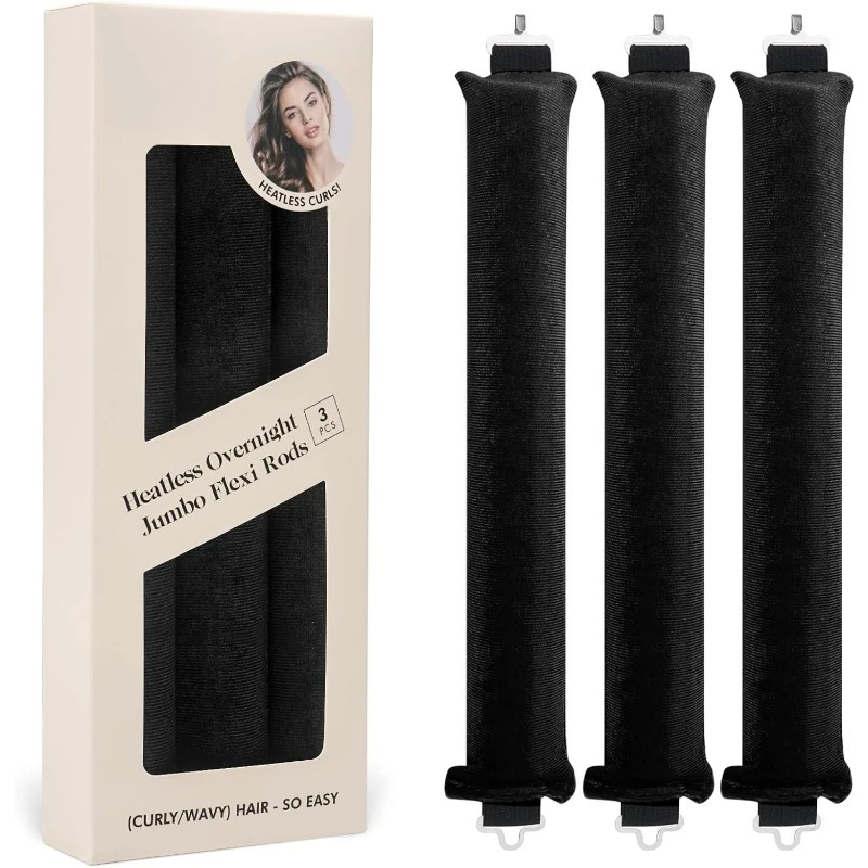 

Атласные гибкие стержни для безнагревательных ночных локонов Jumbo, инструменты для укладки без нагрева для всех типов волос, 3 шт., черные