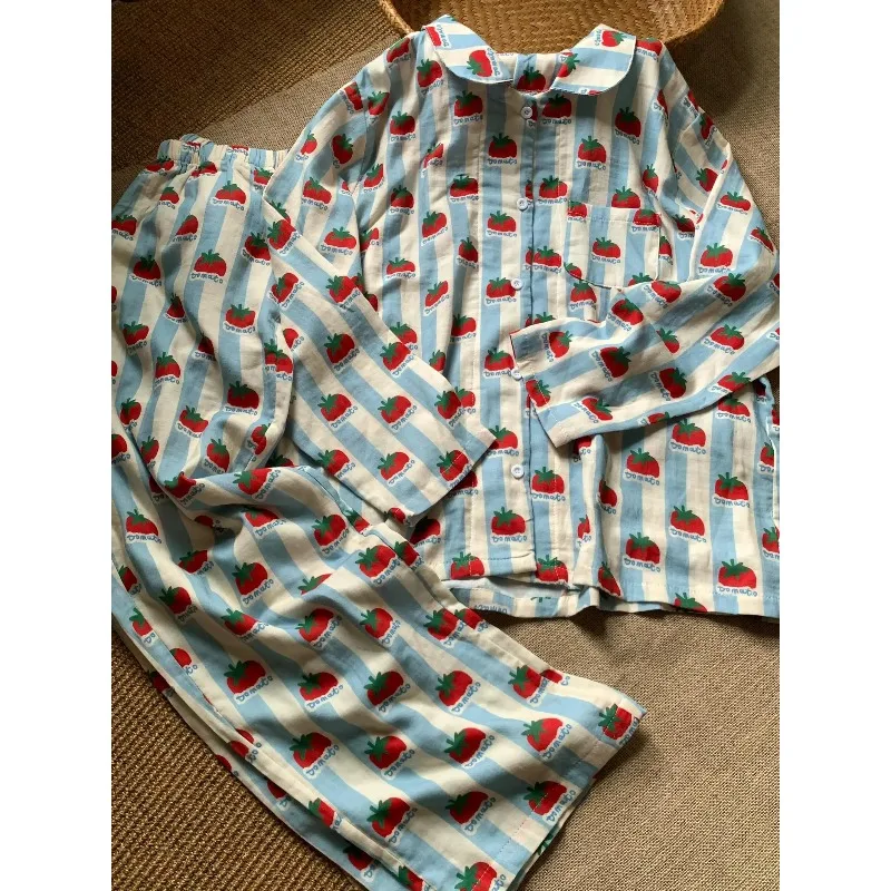 

Cotton Pajamas Suit for Women Cartoon Fruit Print Sleepwear Korean Style Loungewear Loose Top&pants Leisure Trousers Suit
