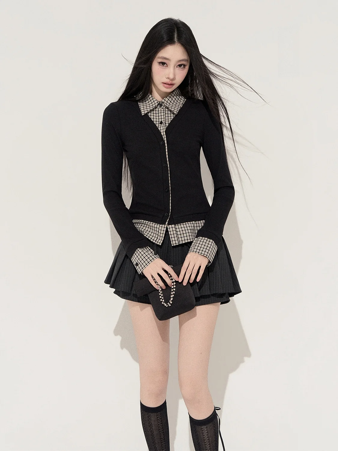 

PUNCH25AW Plaid Knitted Base irt Top Inner Wear Casual Sle Slim Fit Long Sve Button up Cotton Polyester Spandex Blend