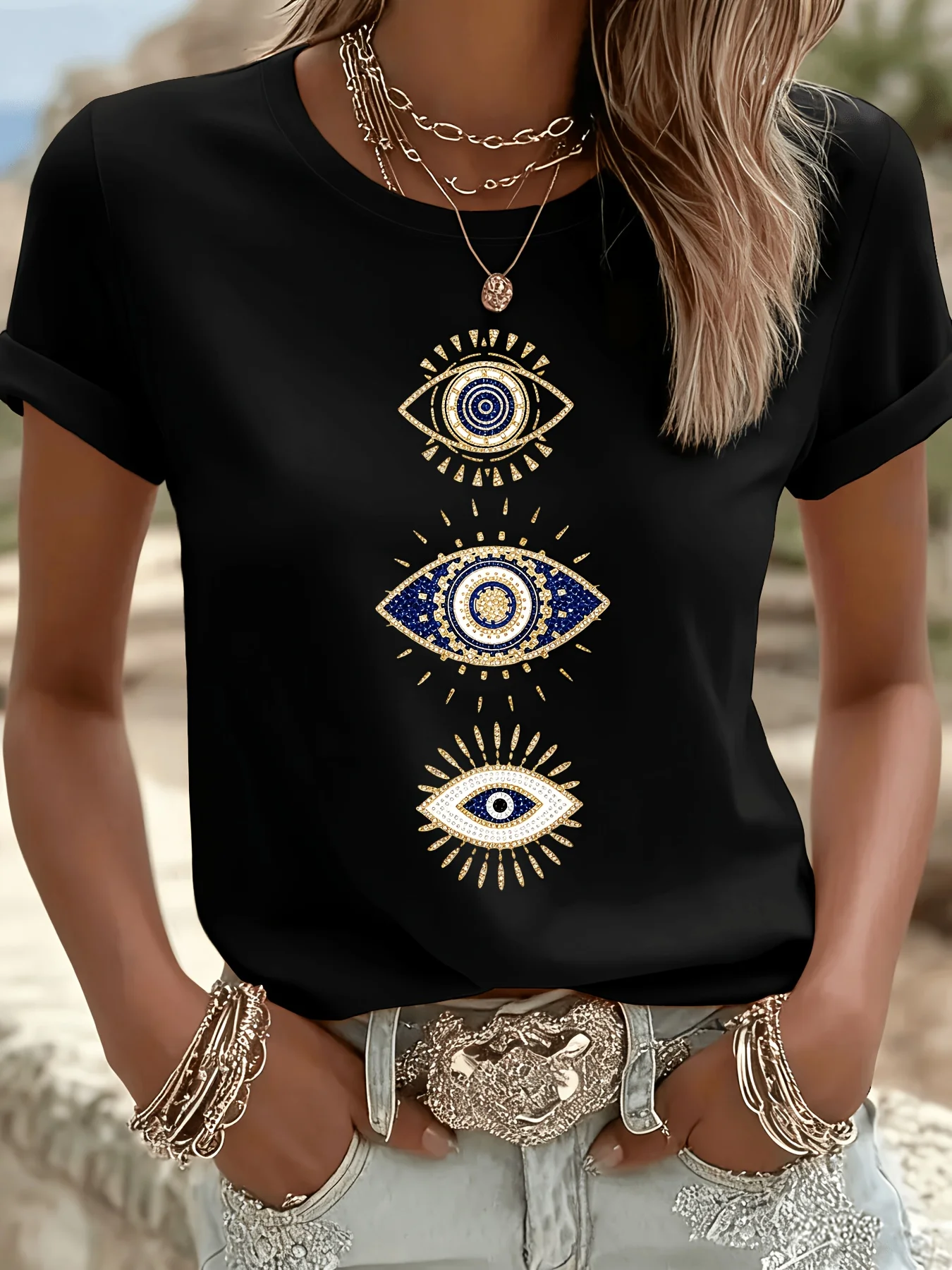Bohemian Mysterious Eye Pattern Top Türkiye Eye Theme Round Neck Short Sleeve Blue Gold Color Pair Evil Eye Casual Daily T-shirt view 4