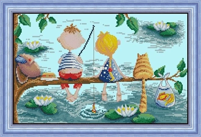 Embroidery Cross Stitch Kits Craft DIY Needlework Cotton Canvas Mary 15.001.15 Fishing Children 45-32 32CT 28CT Metallic aida