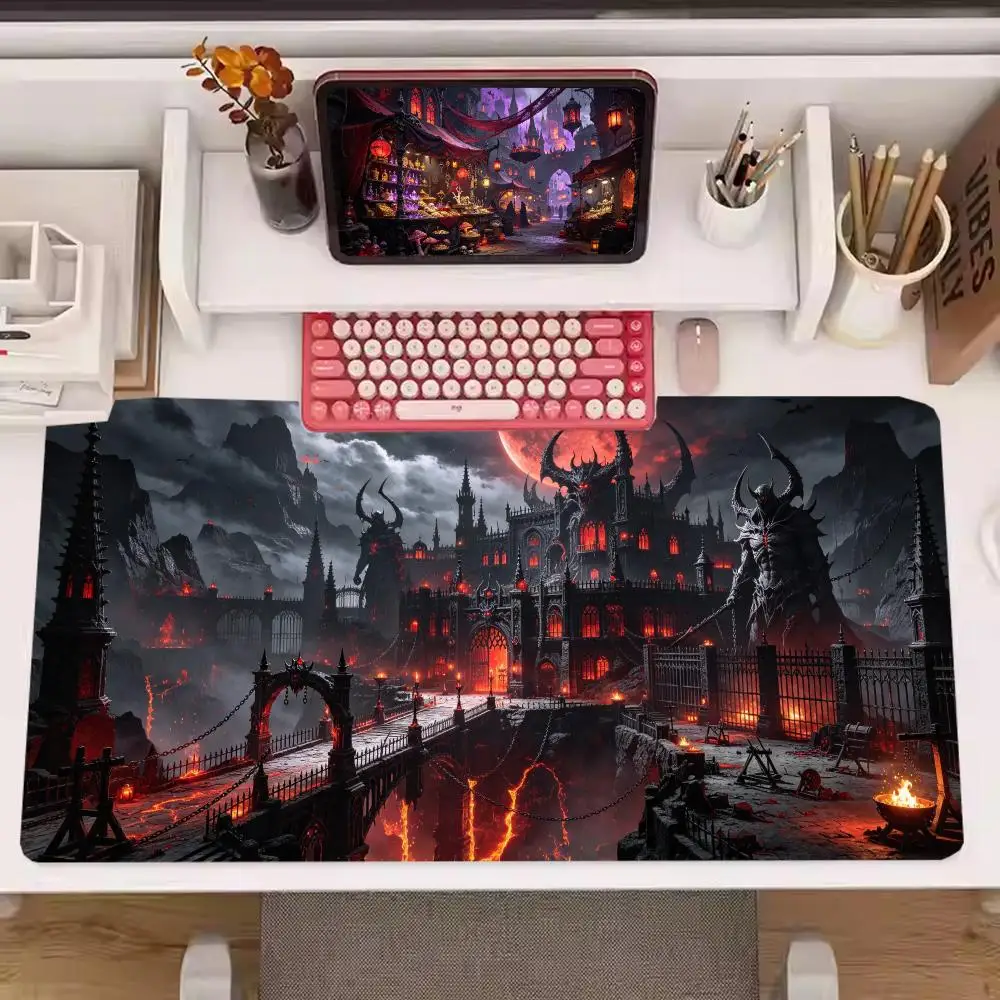 Blood Moon Gothic Castle Desk Mat Large Size Smooth Cloth Surface Non Slip Base For Dorm