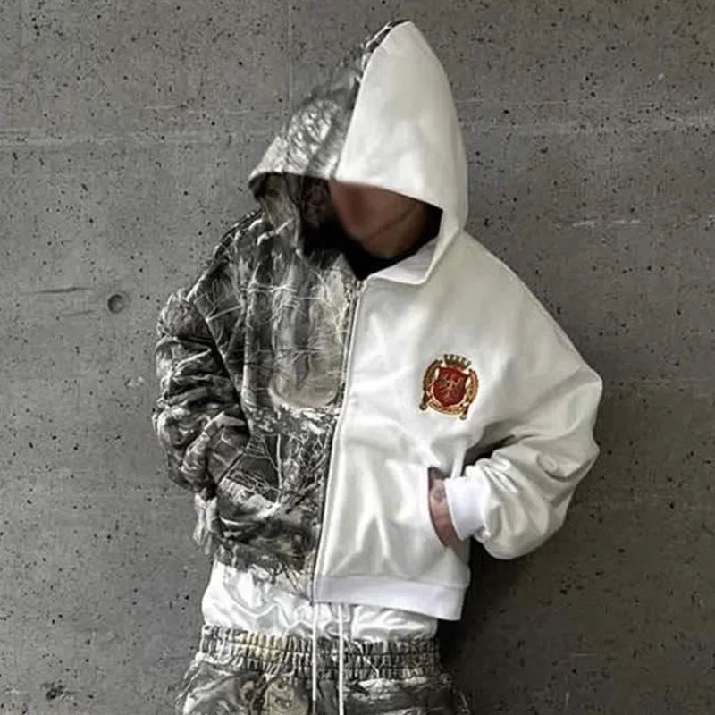 Y2k camo costura logotipo bordado manga longa cardigan hoodie europeu americano moda vintage rua solta moletom casual