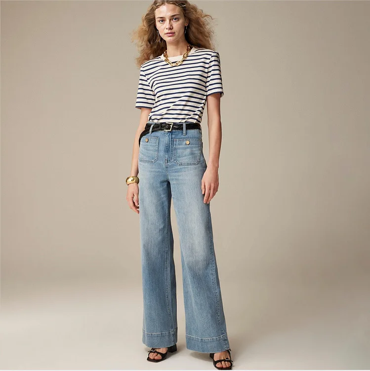 

Women's Jeans Denim Pants Clothing New Loose Wide Leg Casual Bleached Button Slightly Flared Jeans Full Length