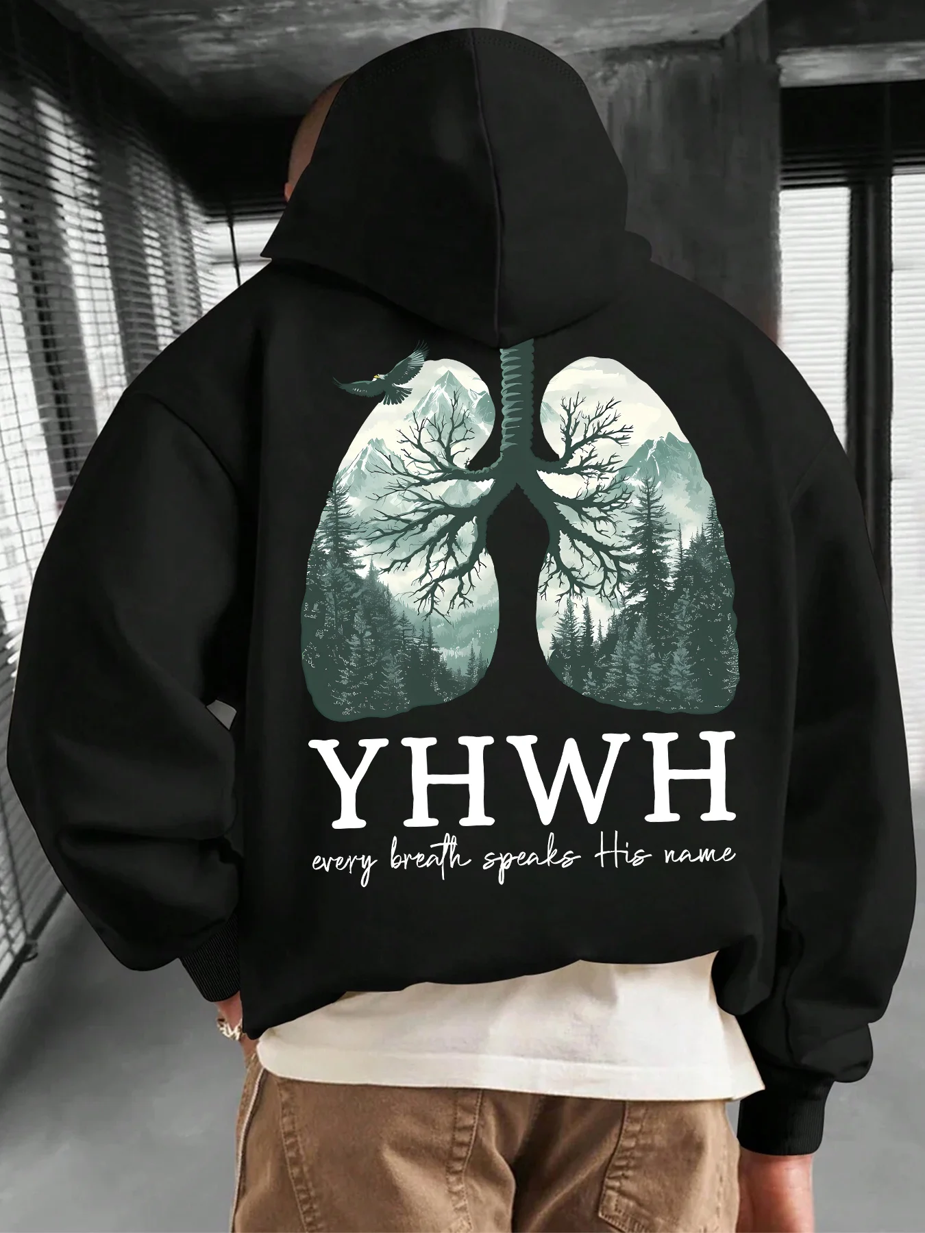 Men Sport Hip Hop Hoodie, Faith YHWH Forest Lung Eagle Graphic Streetwear, Russian Size Fleece Pullover Sweatshirt for Men