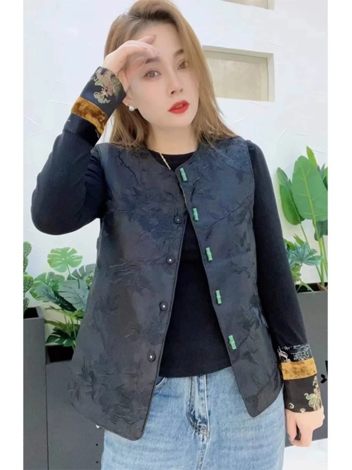 

New Chinese Sle Women's Bla Floral Embroidery Svel Open Cardigan Top Spring Autumn High-End Sensation National Trend