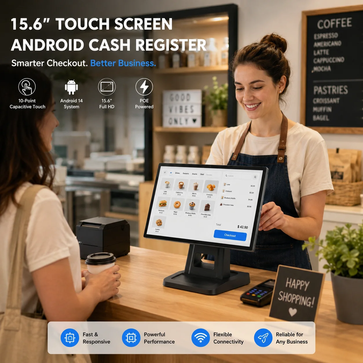 15.6 Inch Android POS Terminal Touch Screen Desktop 4G+64G Cashier Machine RJ45 WiFi BT Loyverse for Restaurant Retail