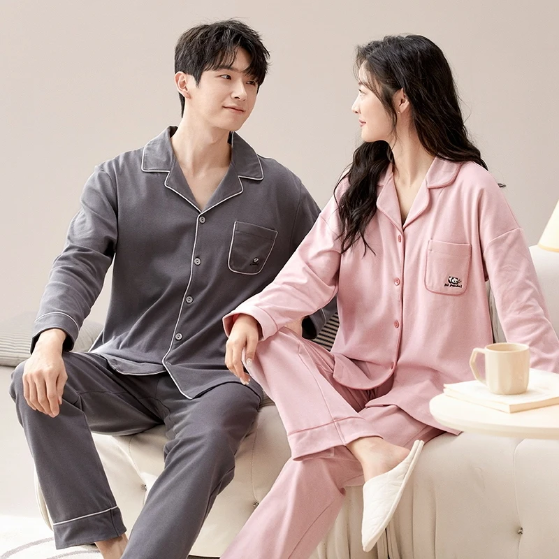 Ensembles de pyjama à manches longues pour couple, 2024 coton, vêtements de nuit coréens, vêtements d'intérieur pour hommes et femmes, automne et hiver 100%