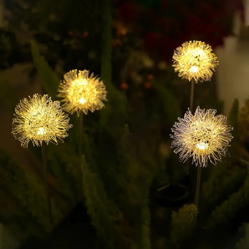 Waterproof Solar Dandelion Flower Lights, Aluminum Wire Ball LED Stake Lamps, Auto Light Sensing Garden Decor Lights for Outdoor