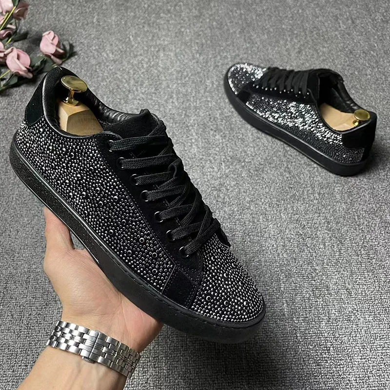 mens casual singer DJ stage rhinestone shoes cow suede leather studded shoe back silver platform sneakers designer footwear mans