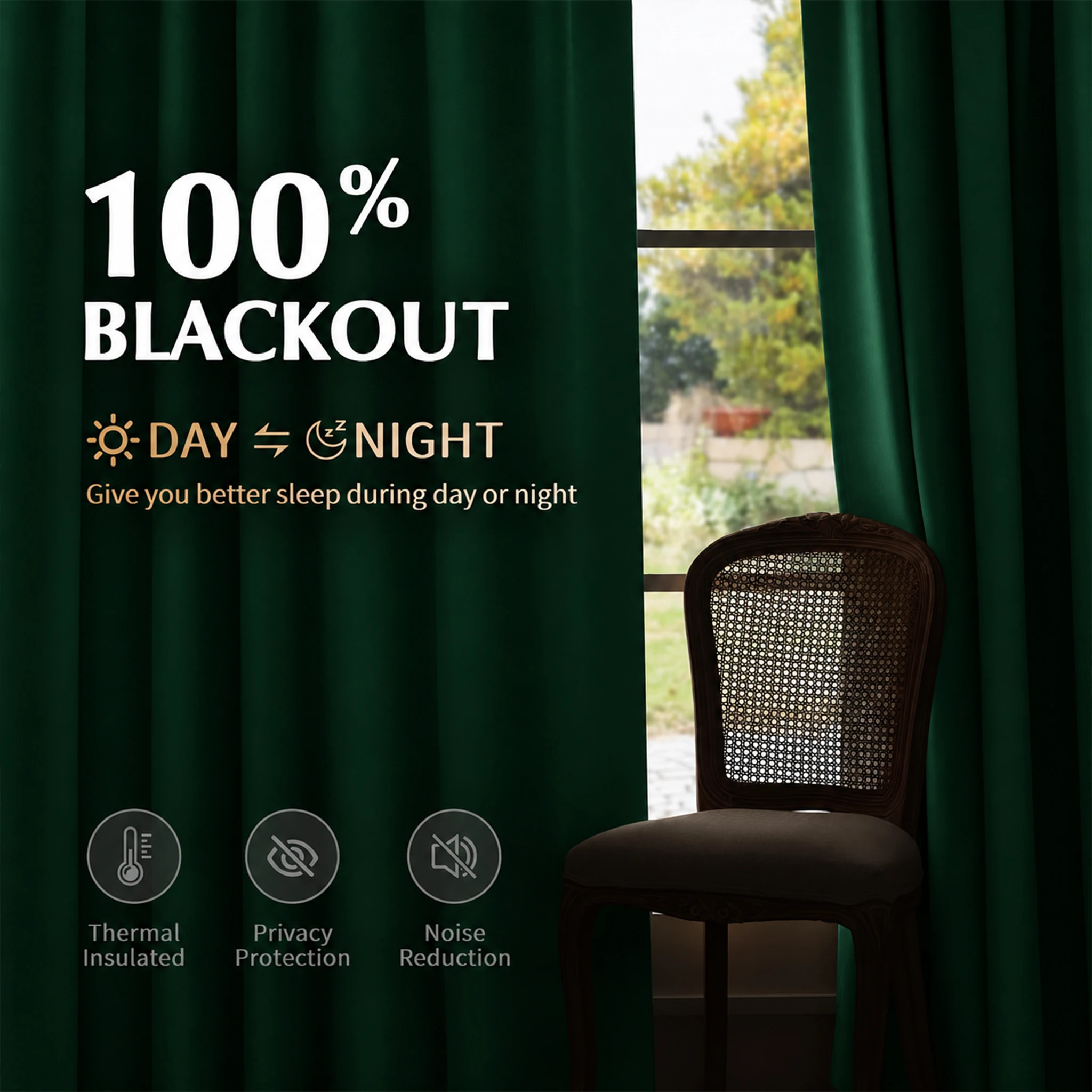 4 Pcs 100% Blackout Curtains for Bedroom Living Room, Thermal Insulated Waterproof Room Divider Drapes, Double-Sided Green & Black