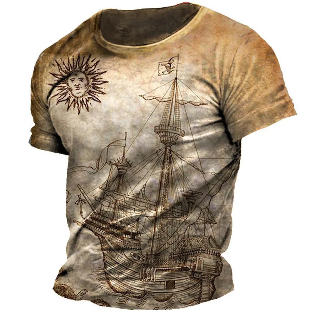 Men\'s T Shirt Vintage 3d Print Nautical Map Compass T-Shirt Round Neck Short Sleeve Male Top Casual Harajuku Tee Loose Clothing