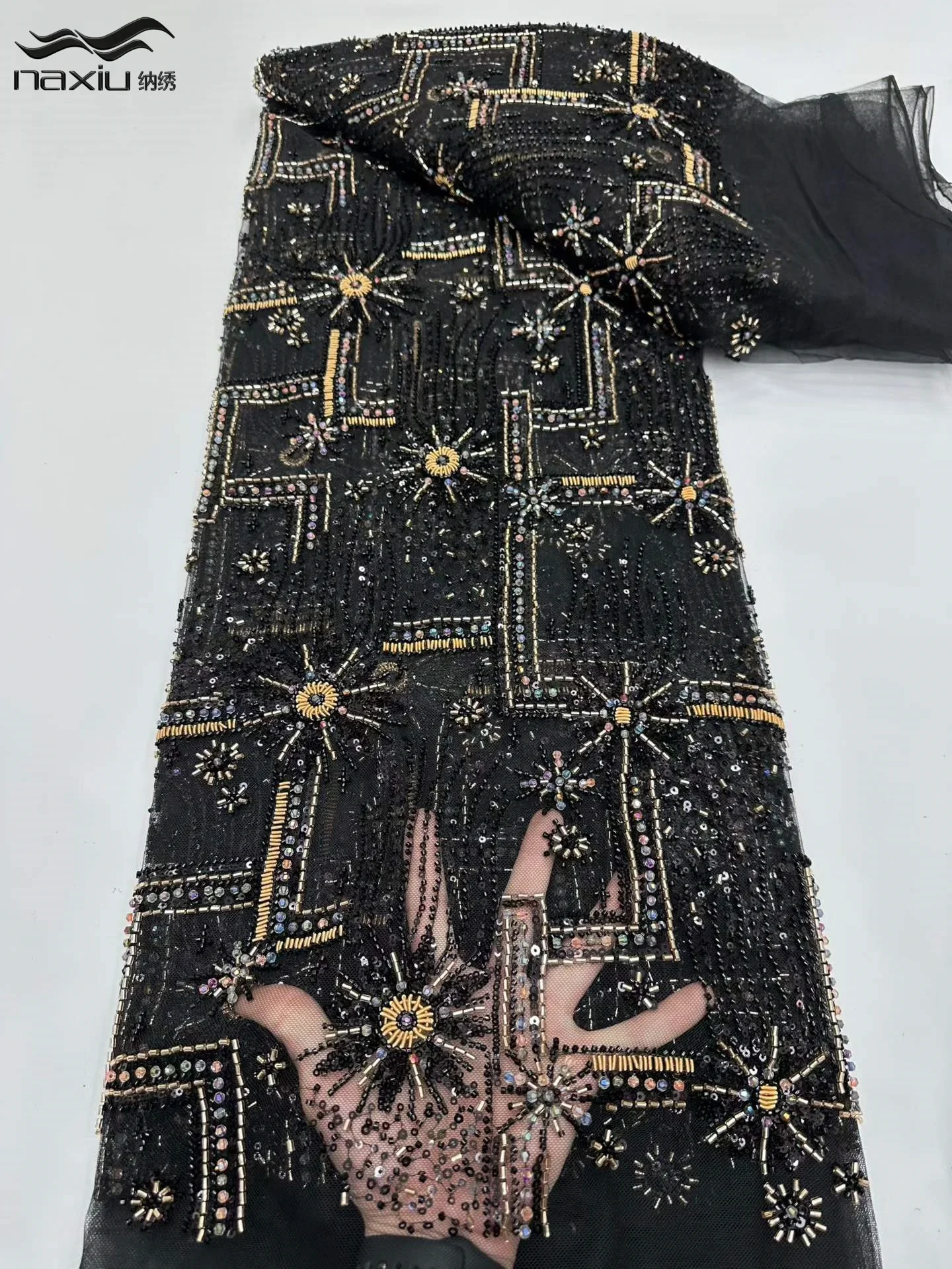 

Изысканная нигерийская кружевная ткань Madison 2026: роскошное африканское кружево с пайетками и бисером на тюлевой основе, 5 ярдов для платья