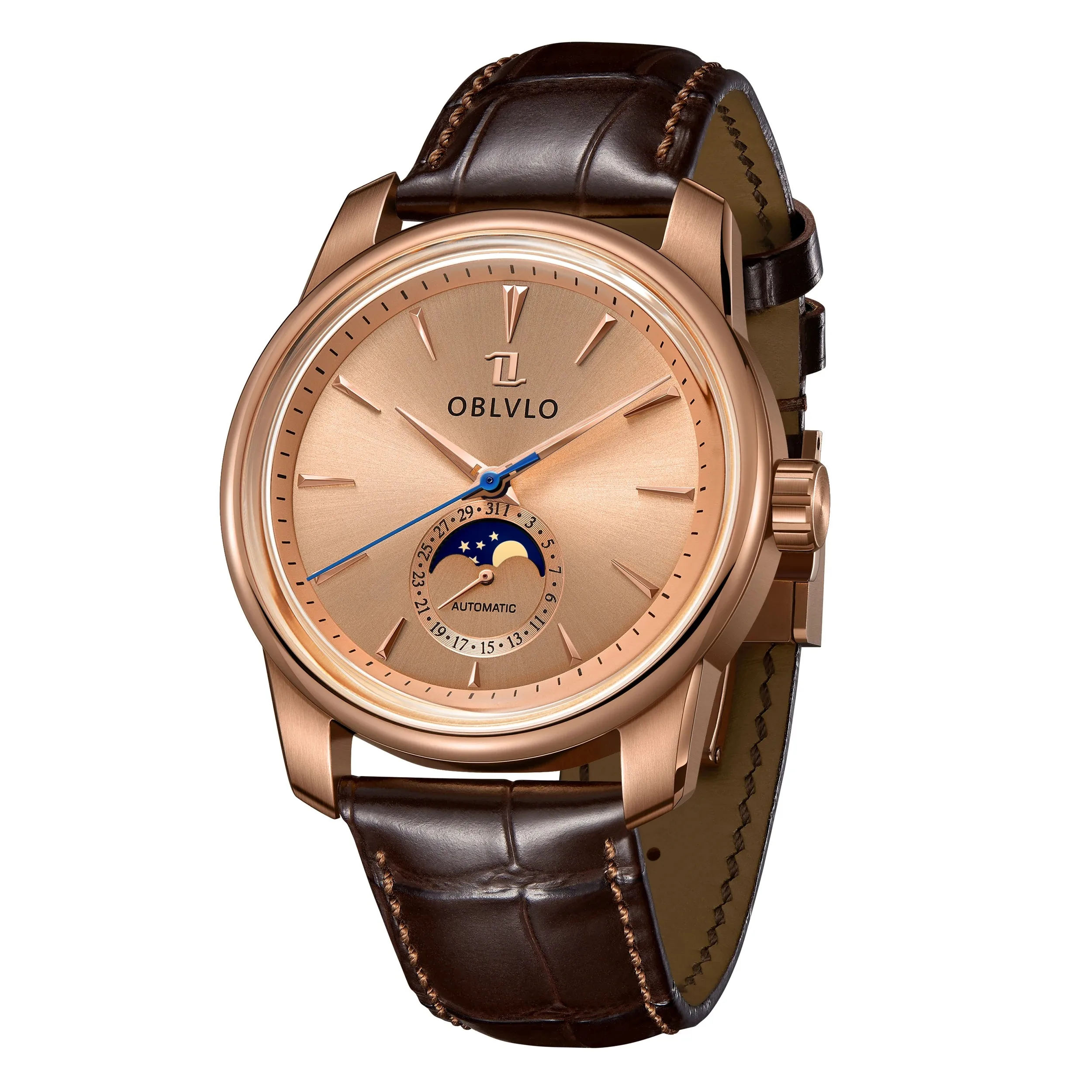 OBLVLO Men Automatic Watch 42mm Moonphase Mechanical Wristwatch 5ATM Waterproof Gradient Dial Leather Strap Butterfly Clasp