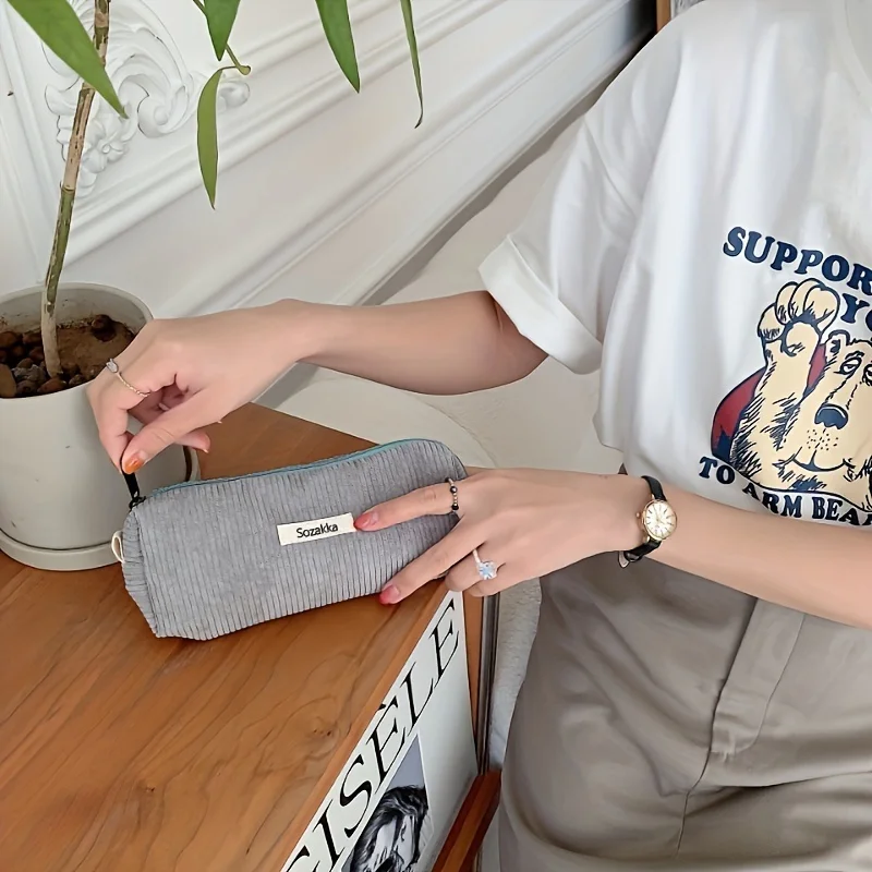 Trousse de toilette en velours côtelé, 1 pièce, Style Vintage mignon, organisateur cosmétique lavable avec fermeture à glissière |   Léger |   Lavage en machine