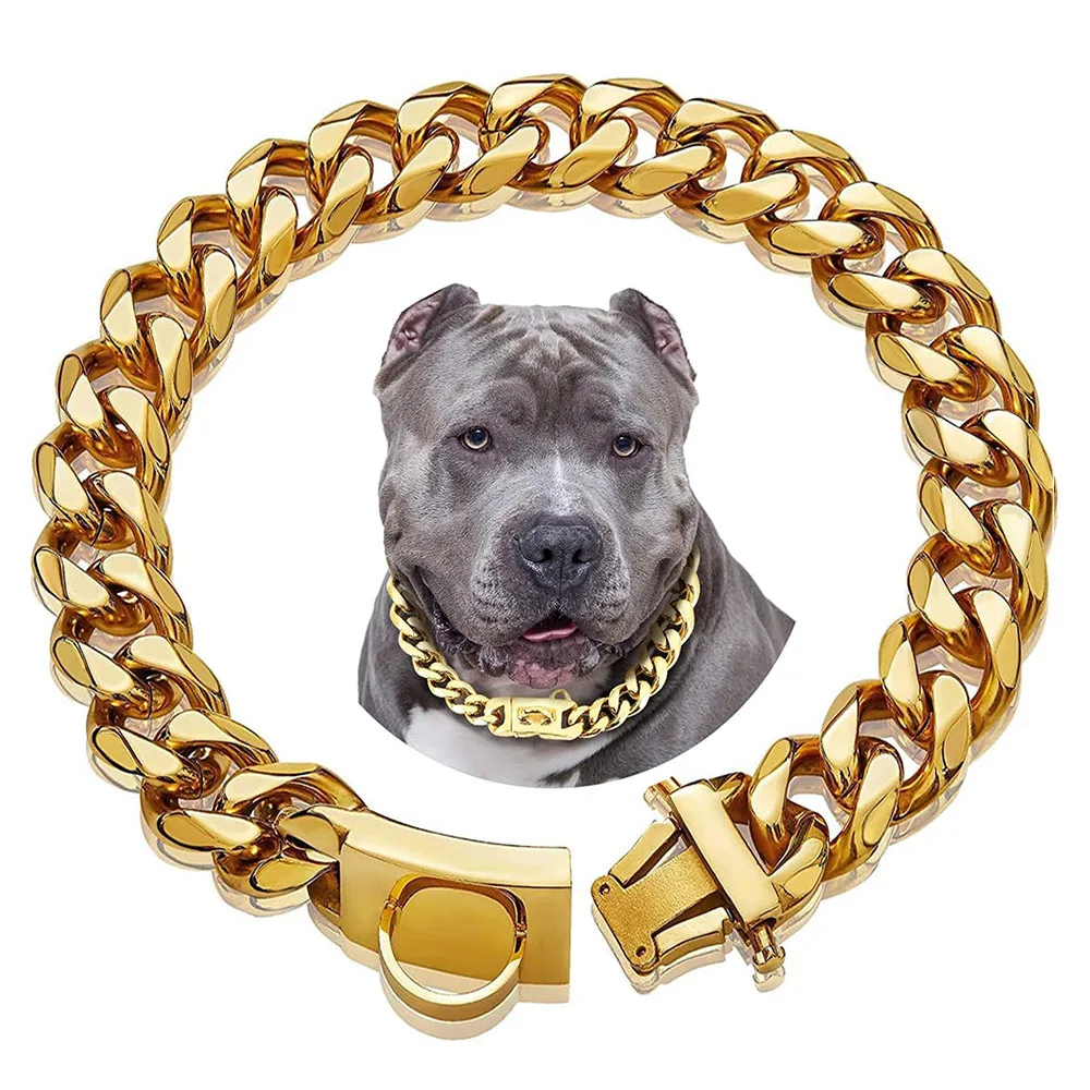 19mm Gold Chain Dog Collar Luxurious Sliver Gold Cuban Link Dog Collar with Secure Snap Buckle for Medium and Large Pit Bulls