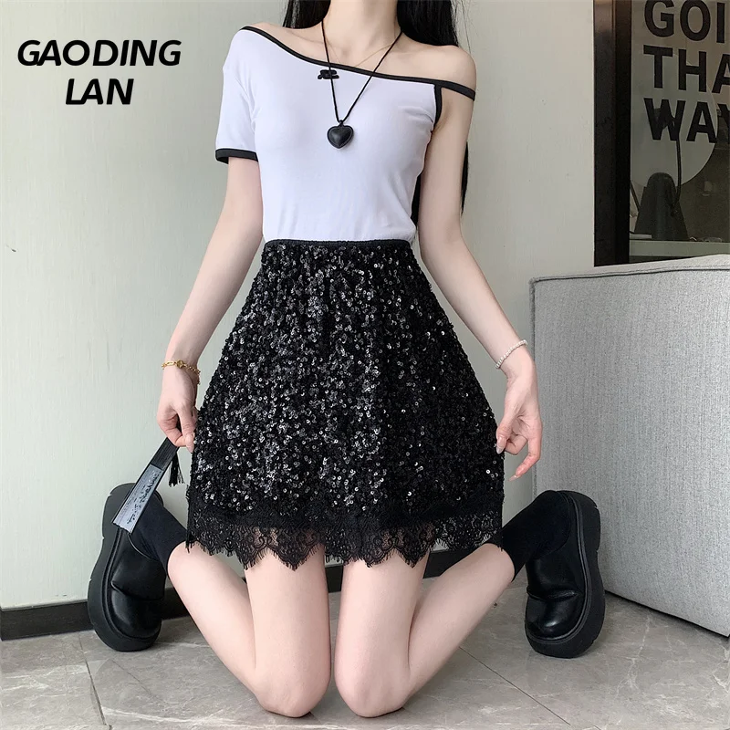 GAODINGLAN Fashion Eye-catching Sequins Mini Skirts Women High Waist Y2k Black Skirt Summer Female A Line Slim Skirt Versatile