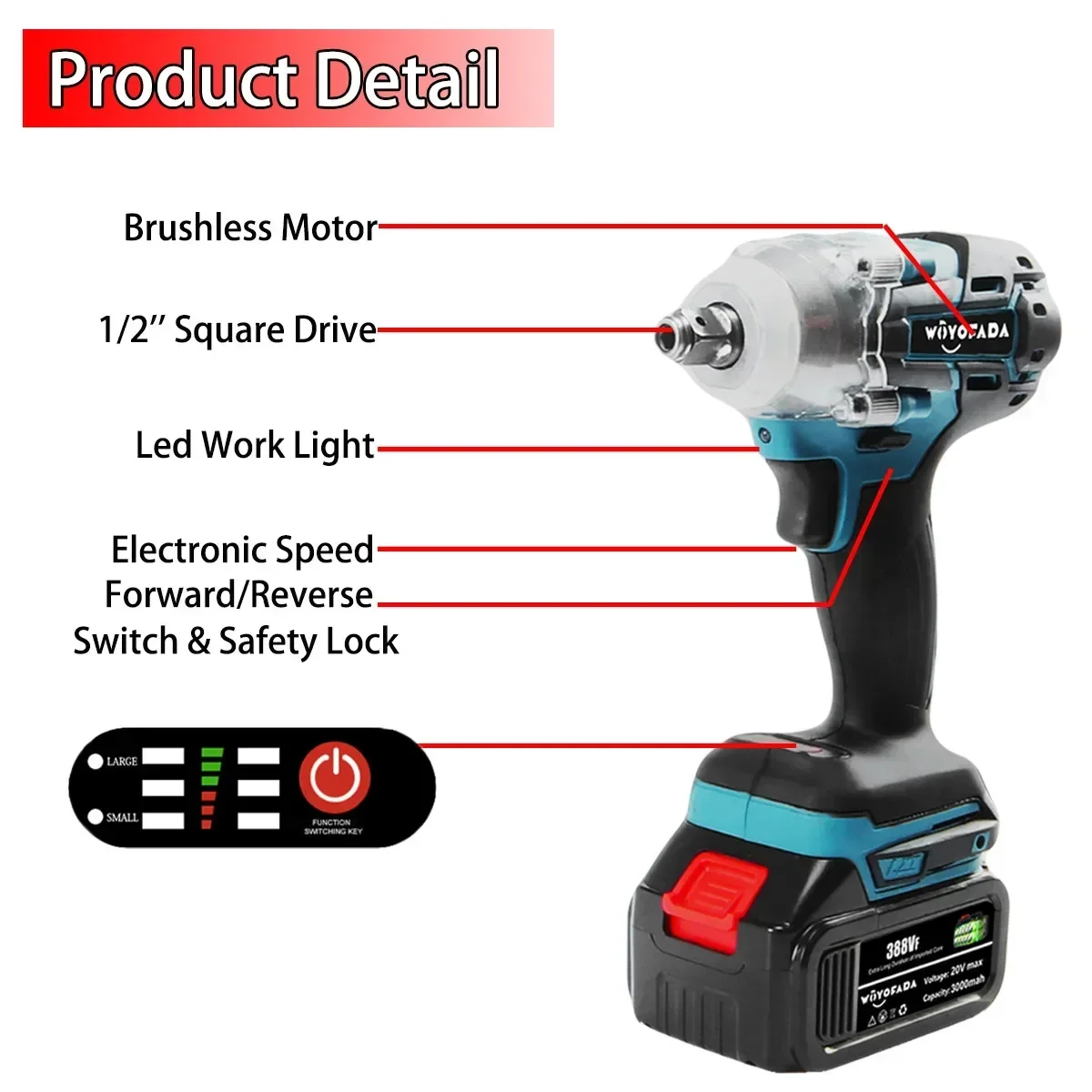 Llave de impacto eléctrica sin escobillas de 18V, taladro de mano con batería de iones de litio, herramientas eléctricas que se adaptan a la batería Makita de 18V