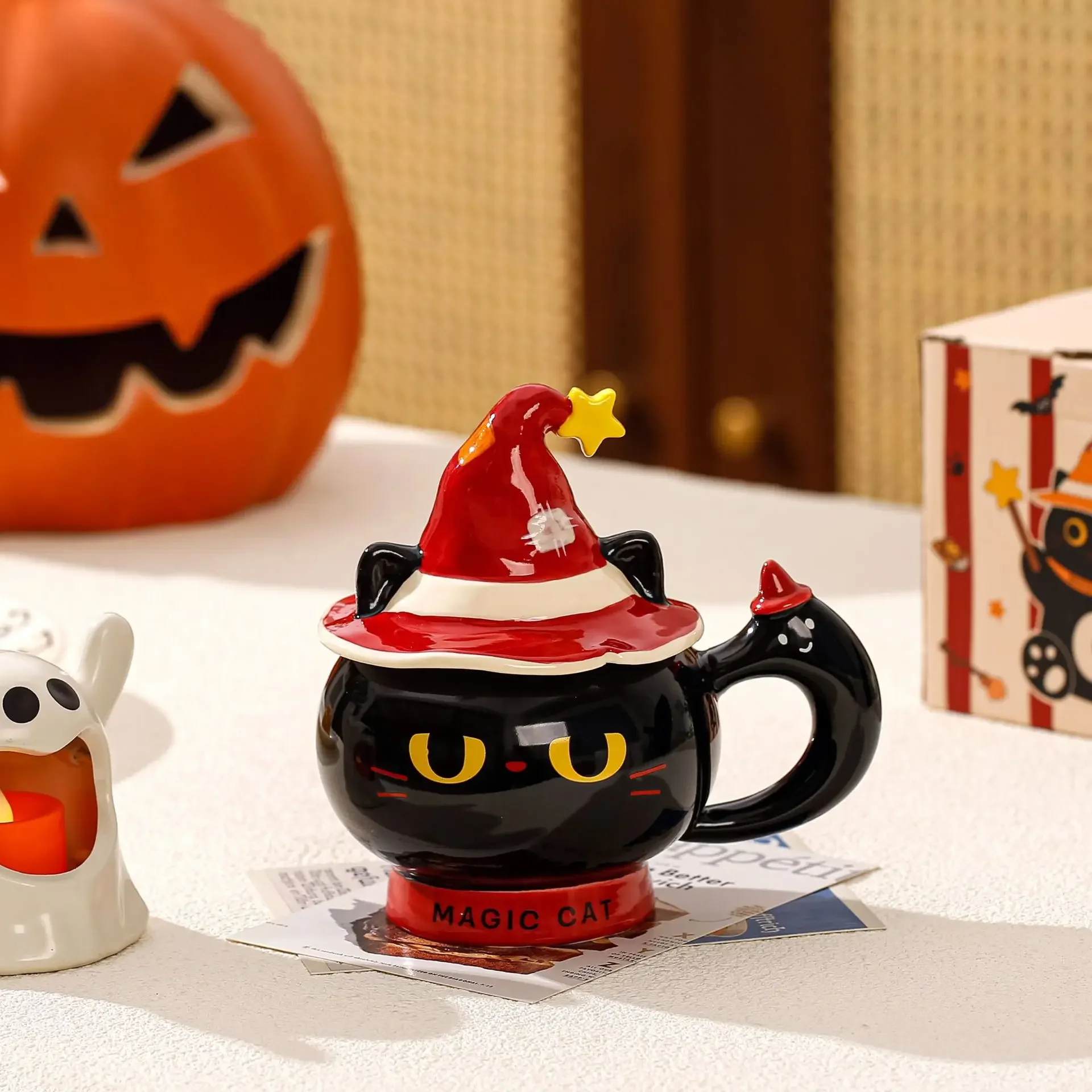 Magic Hat Cat Ceramic Cup With Lid, Cute Cartoon Coffee Mug, Exquisite Gift for Women Home Office