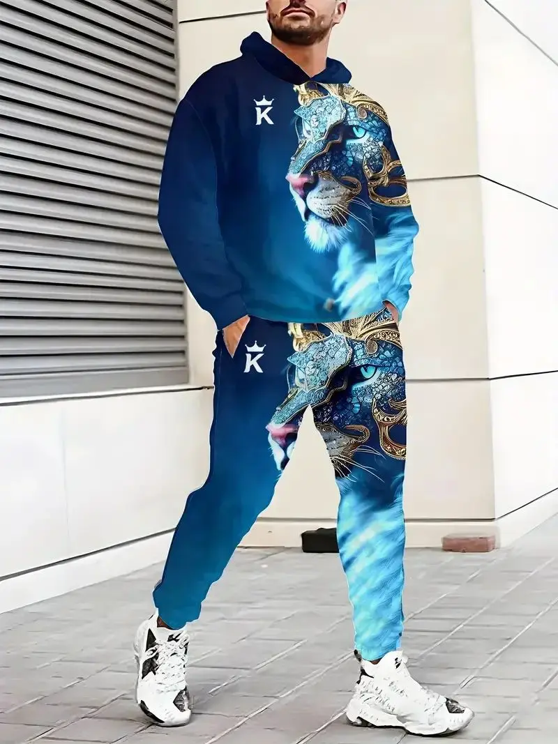 

Мужской костюм с капюшоном, спортивный костюм с 3D принтом животного, тигра/брюки, пуловер с длинными рукавами, повседневная уличная одежда, осенний мужской спортивный костюм для бега
