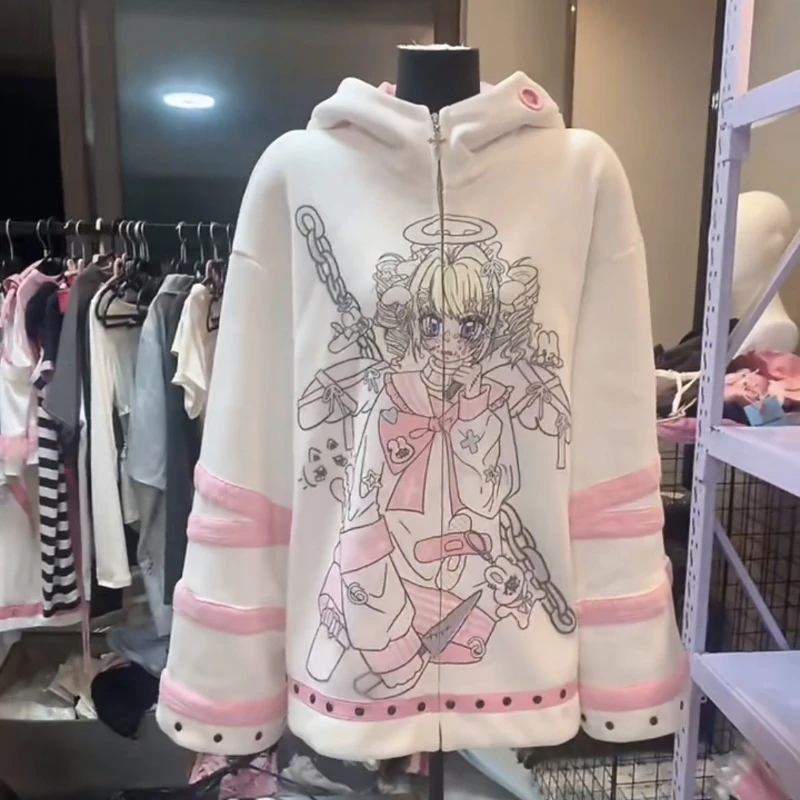 Japanese Kawaii Hooded Hoodies Women Vintage Y2k Aesthetic Oversized Zipper Streetwear Tops Harajuku Grunge Cartoon Sweatshirt