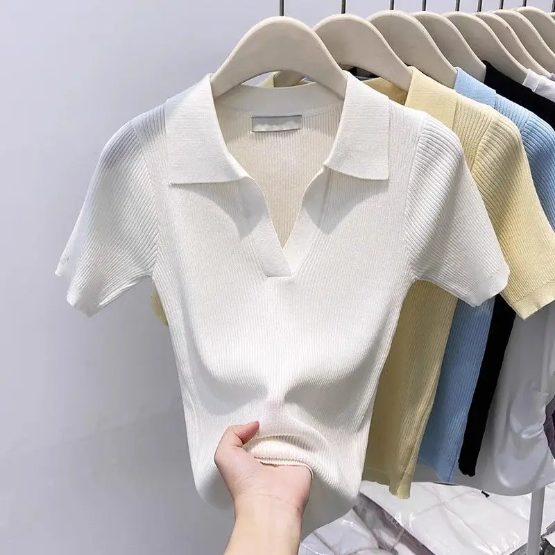 Women Summer Striped Knit POLO Collar T-shirt V Neck Short Sleeve Slim Fit Sweet Korean Style Casual Daily Basic Fashion Tees