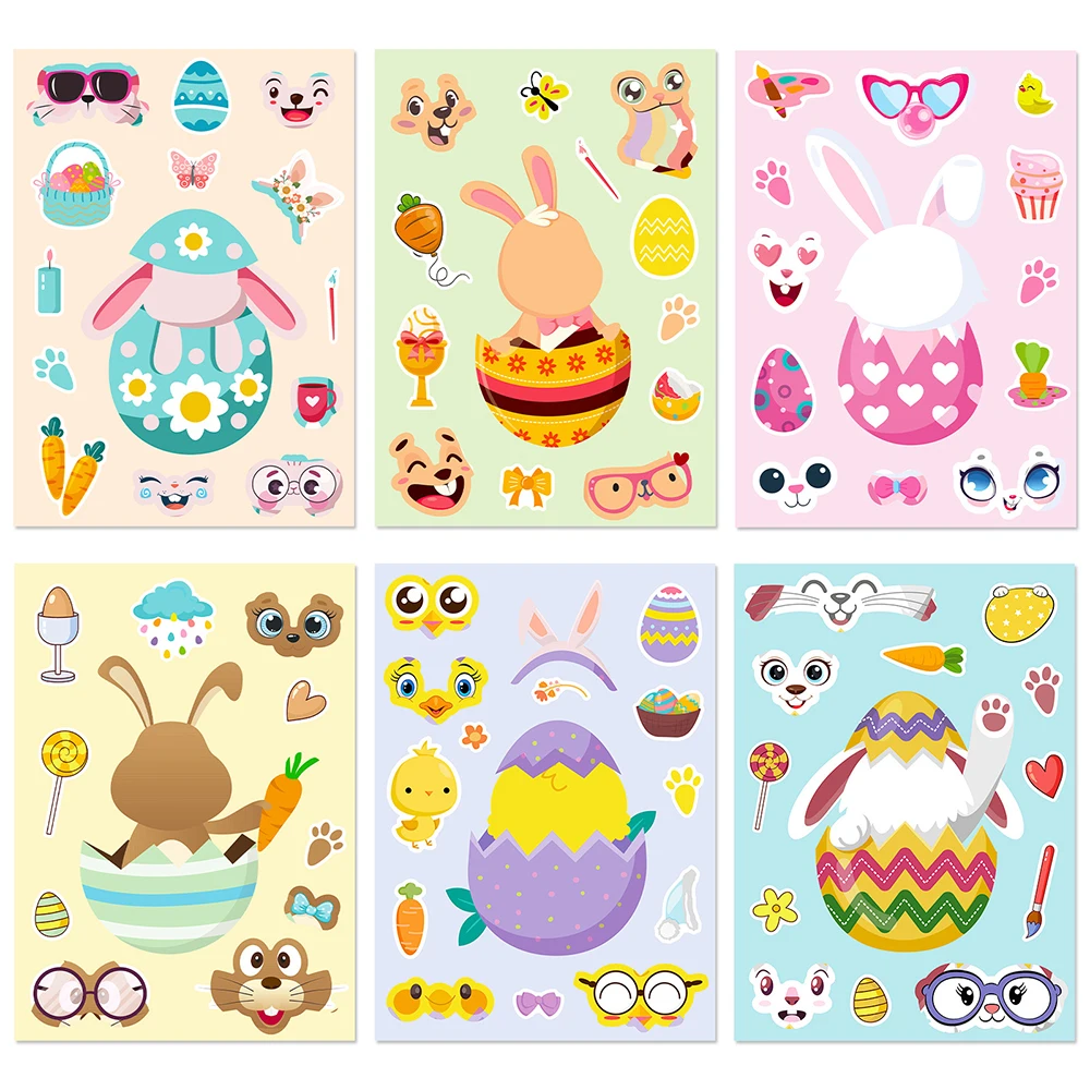 6/12Sheets Cute Easter Rabbit Puzzle Stickers Make a Face Games DIY Toys Party Decoration Assemble Jigsaw Sticker For Kids Decal