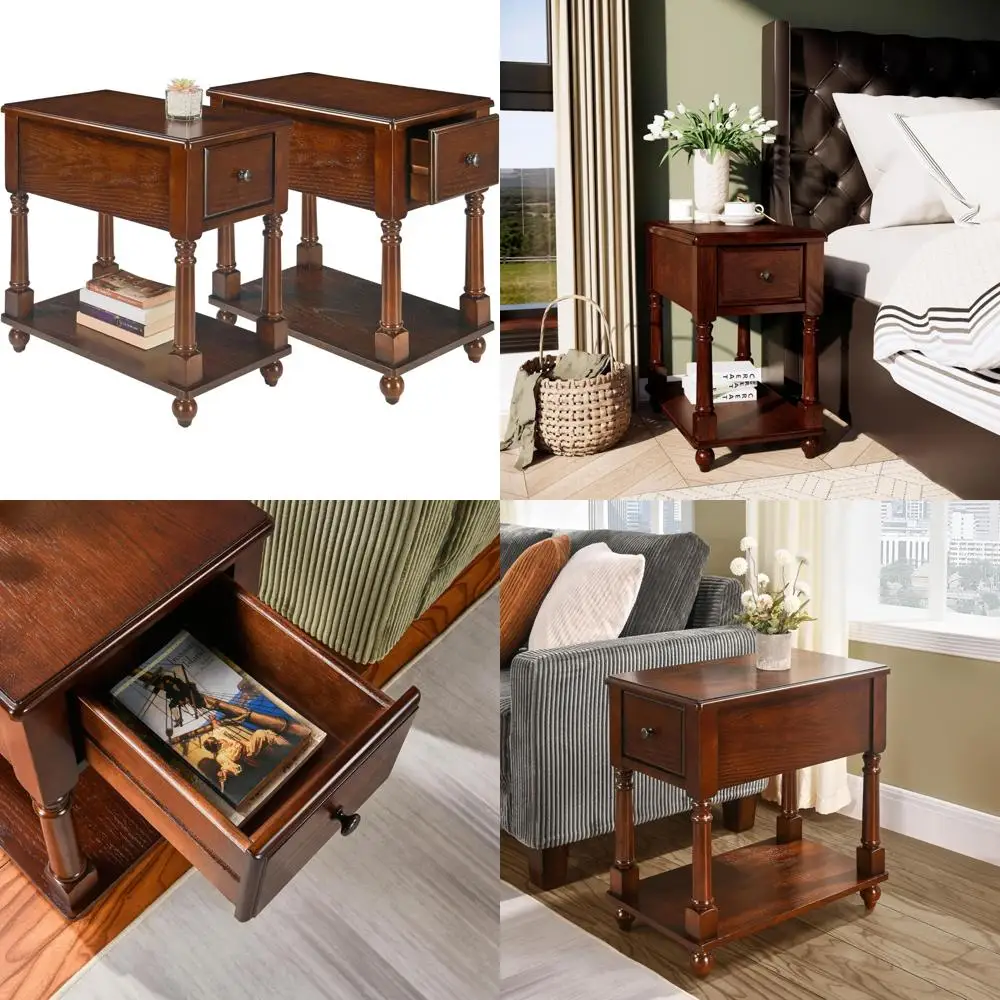 Pair of Compact Solid Wood End Tables with Drawer and Shelf, Ideal for Sofa Sides and Small Living Areas