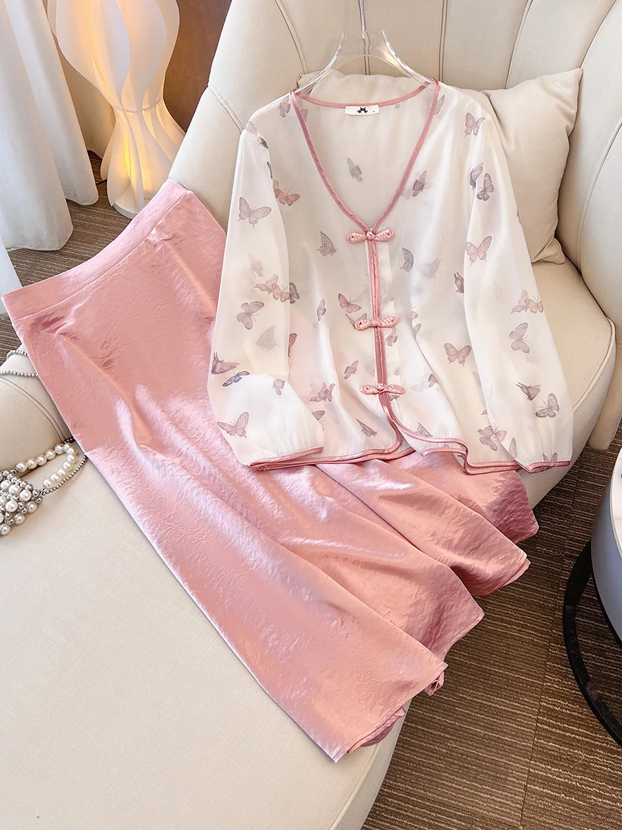 155Kg Plus Size Women's Bust 170 Spring Summer New Style Chinese Chiffon Top Pink Half Skirt Loose Set 5XL 6XL 7XL 8XL 9XL