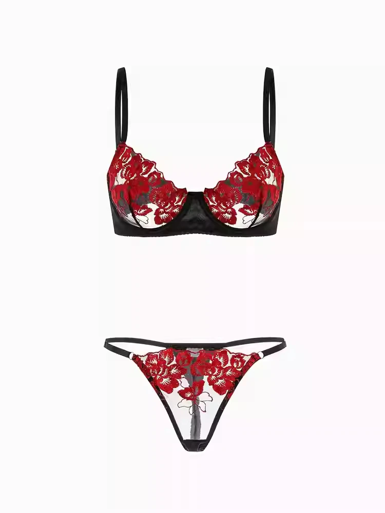 

Floral Embroidery Lingerie Set: Semi-Sheer Unlined Bra & Thong, Mesh Stitching, Comfortable, Hand-Washable