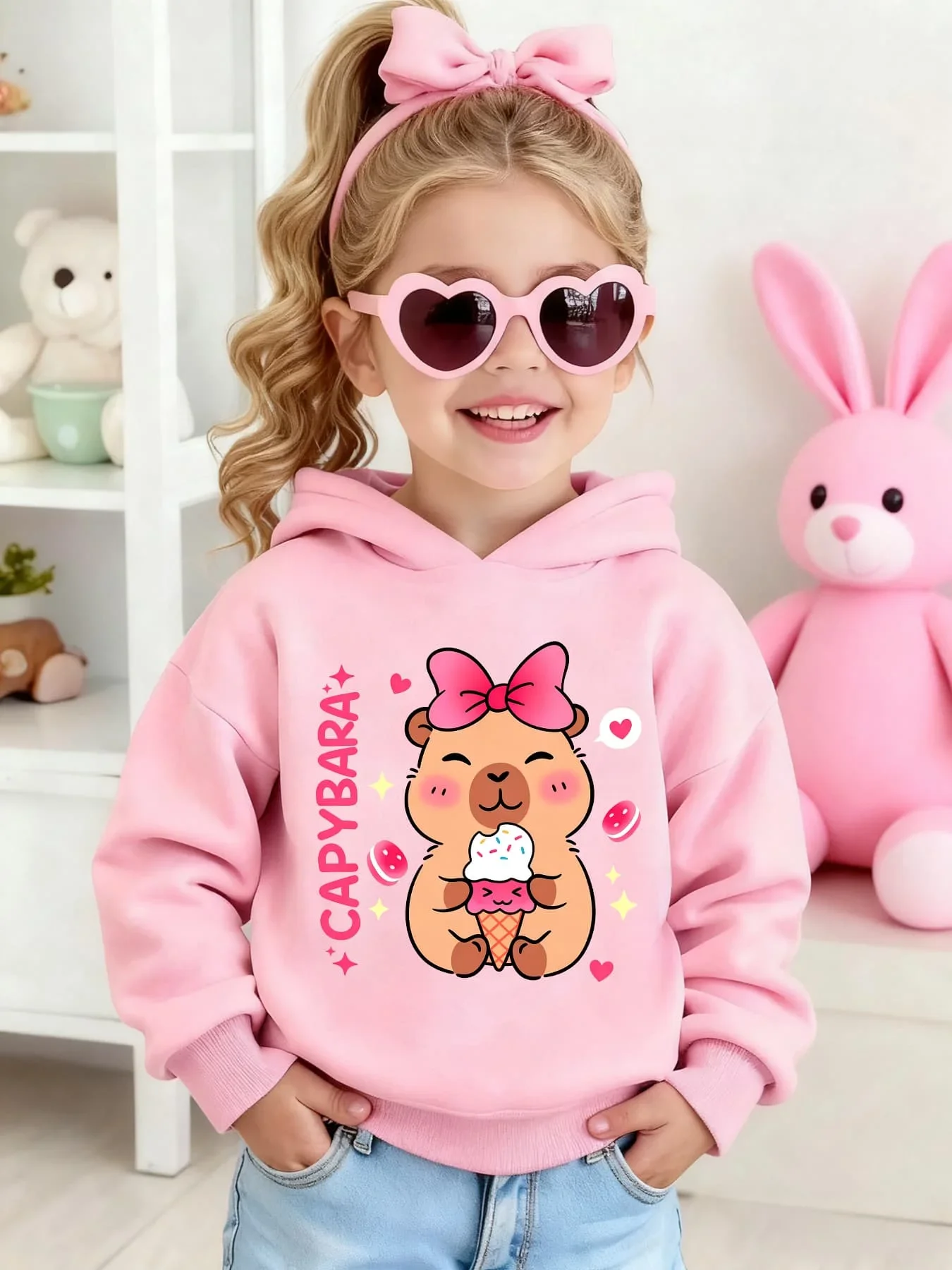 Cute Capybara Animal Graphic Hoodies for Kids Bow Ice Cream Printed Sweatshirt Girls Birthday Present School Casual Hooded Tops