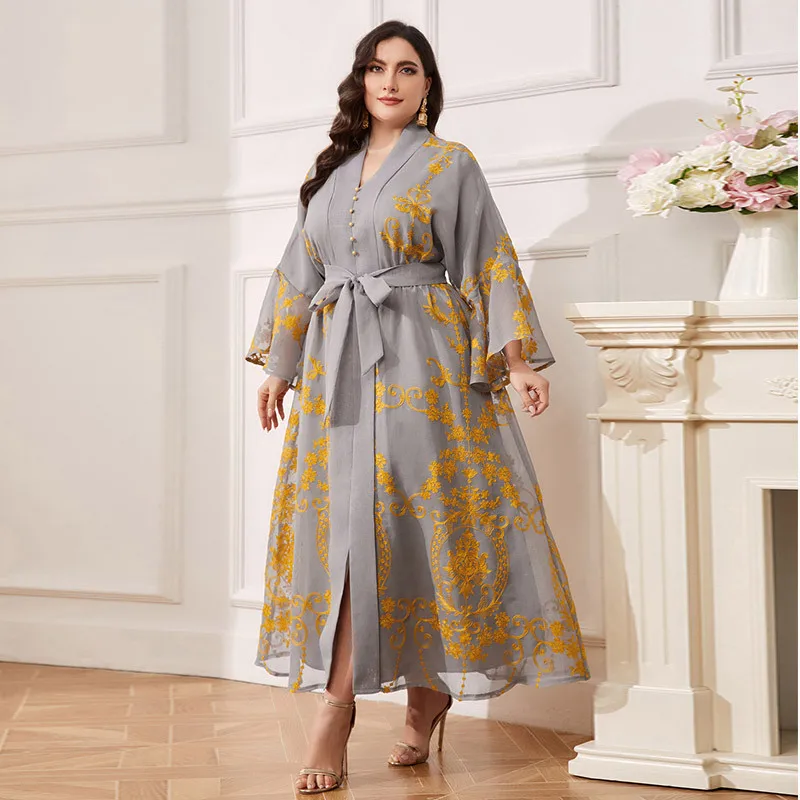 DD23001 ใหม่Türkiye Robe Elegantเย็บปักถักร้อยVคอหลวมชุด