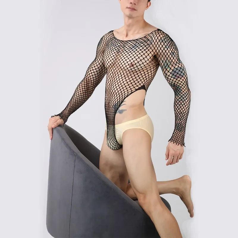 رجل مثير طاقم الرقبة طويلة الأكمام شبكة صيد السمك جوفاء البرية إغراء بذلة الملابس الداخلية