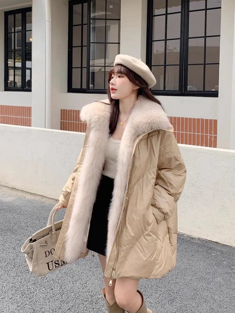 2023 New Korean Fashion Winter Women\'s Warm Goose Down Jacket Real Fox Collar Thicken Loose Coat Luxury Female Outerwear