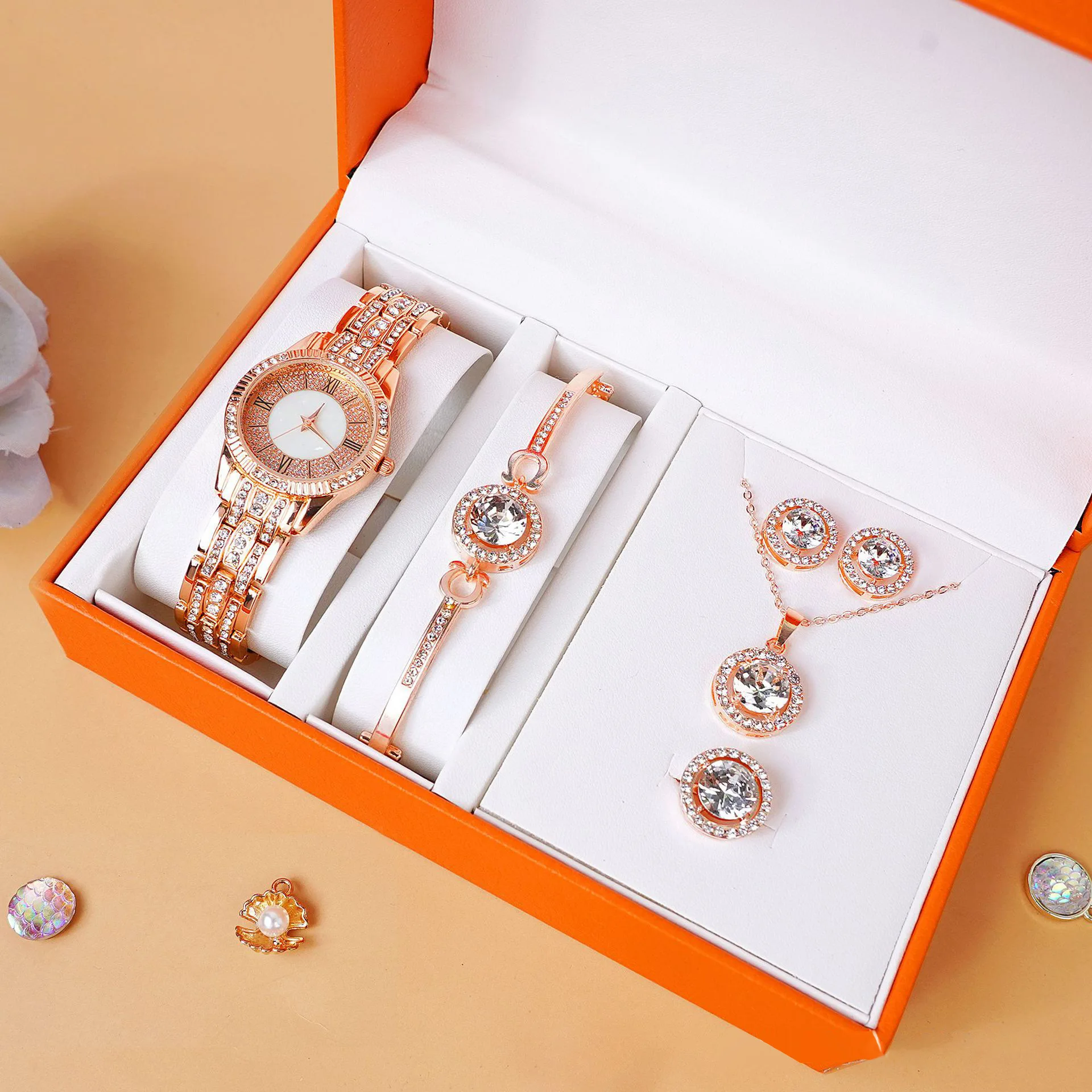 

6 шт./компл. женские часы модный ремешок из нержавеющей стали со стразами кварцевые часы комплект ювелирных изделий Reloj Mujer (без коробки)