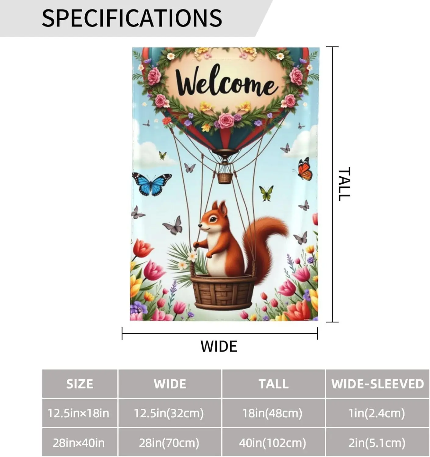 Welcome Spring Garden Flag 12x18 Inch Double Sided Squirrel Hot Air Balloon Floral Butterfly Yard Flag Outdoor Decoration Sm hhz