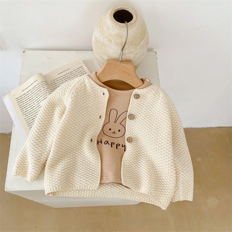 Cárdigan de punto para niñas pequeñas, ropa de primavera y otoño, suéter de punto con cuello redondo sólido, abrigo para niños