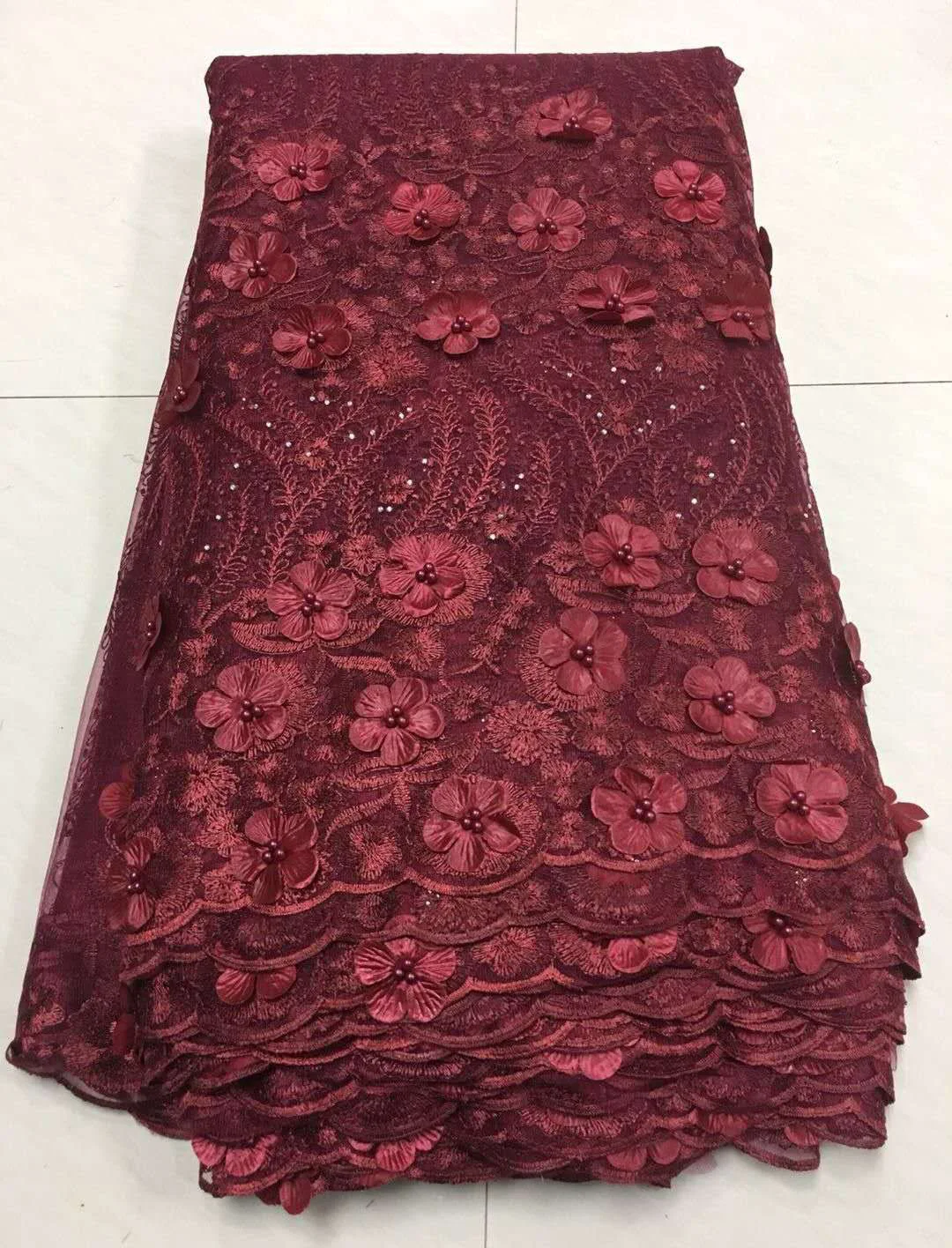 

2021 Net Lace for African with Beads, Burgundy Lace Fabrics with Free Shipping, 3D Applique Tulle Lace Fabric MR1802B