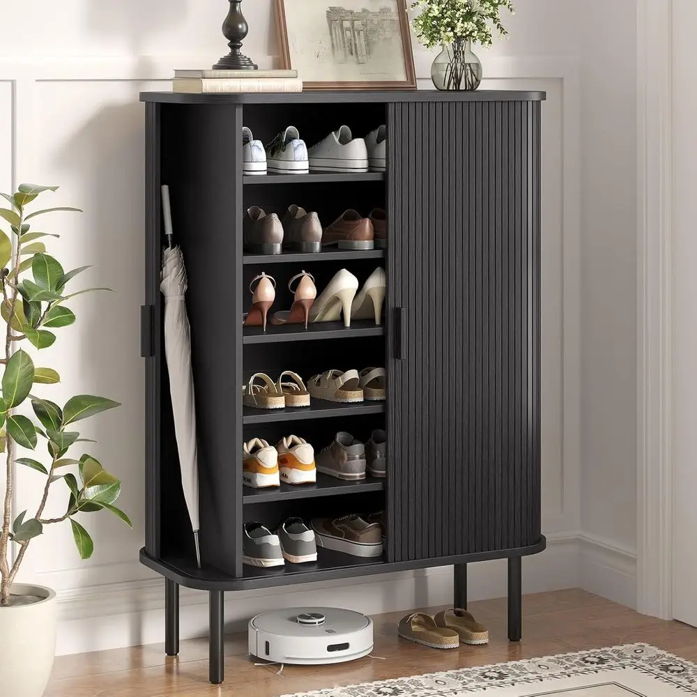 

6-Tier Adjustable Shoe Storage Cabinet with Sliding Door, Black