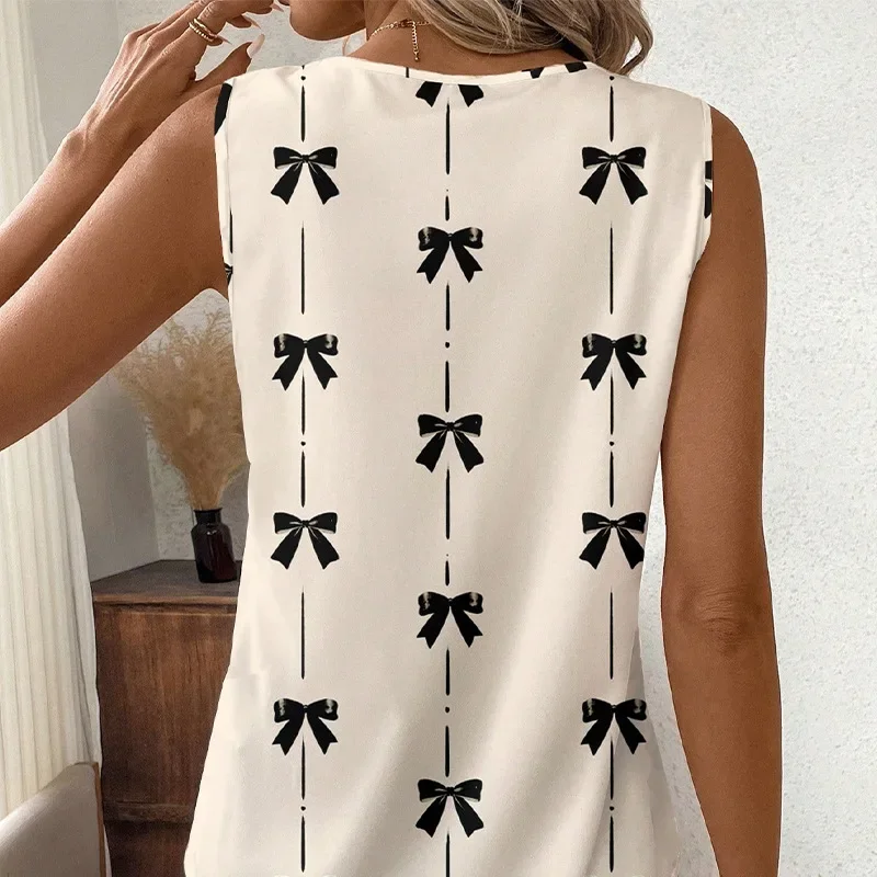 

Women's clothing 2025 summer new, European and American sleeveless bow shirt v-neck shirt jumper