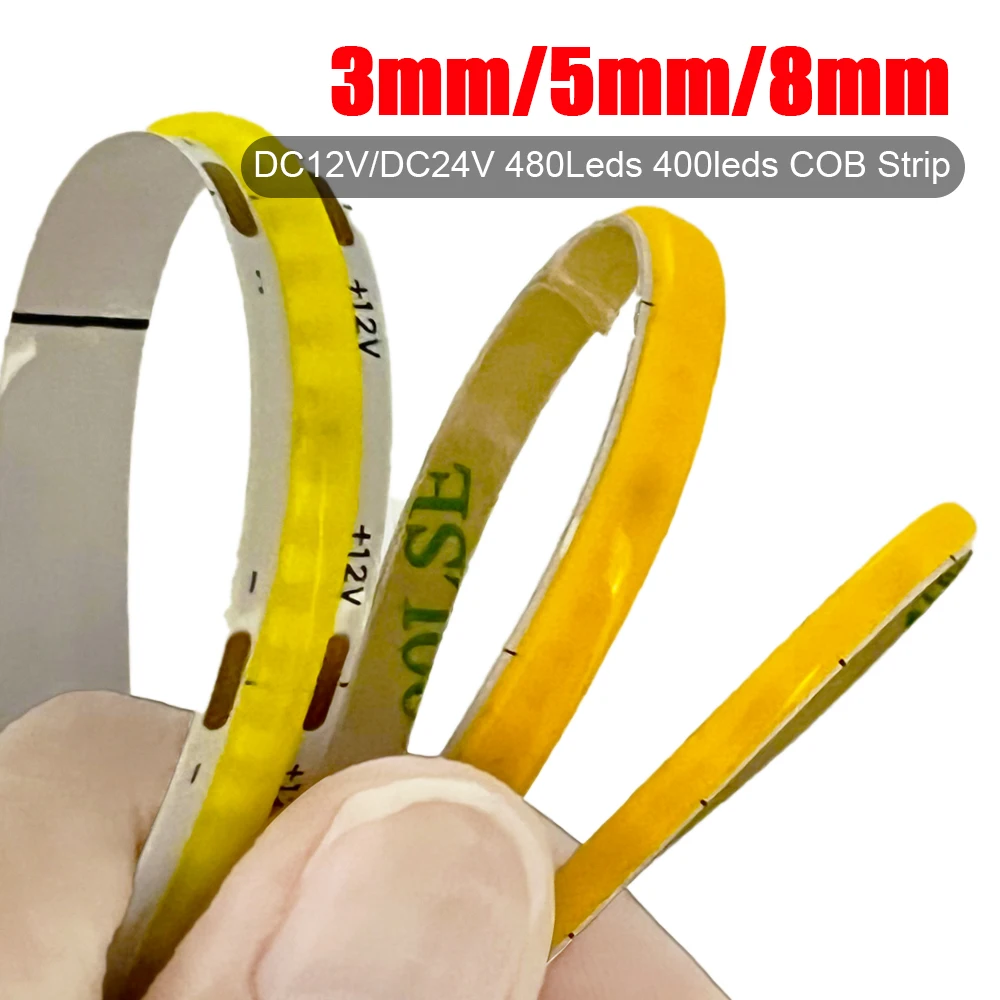 

DC12V 24V Ultra Thin 3mm 5mm 400LEDs/m COB LED Strip Lights 8mm 480LED High Density Flexible Linear Lighting for Home Room Decor