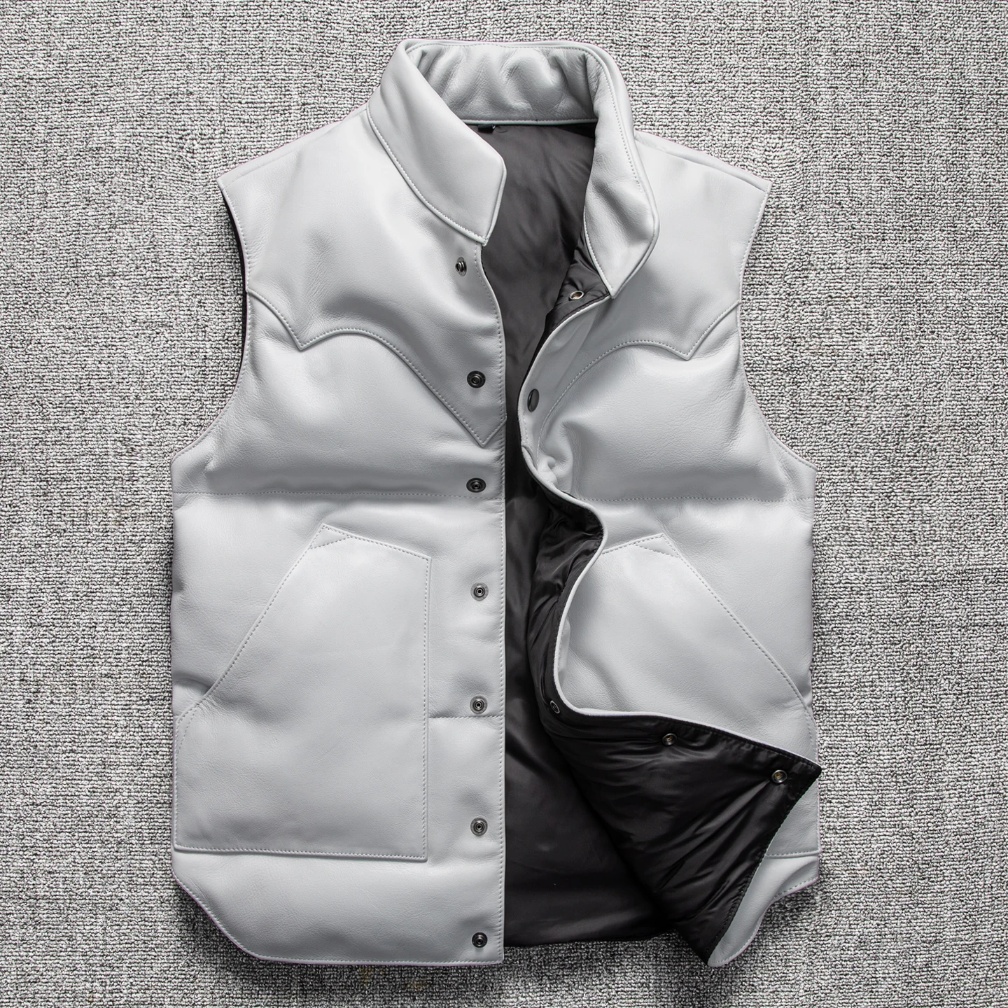 

First-layer cowhide leather jacket, down jacket, white vest, men's warm and casual stand-collar leather vest, winter style