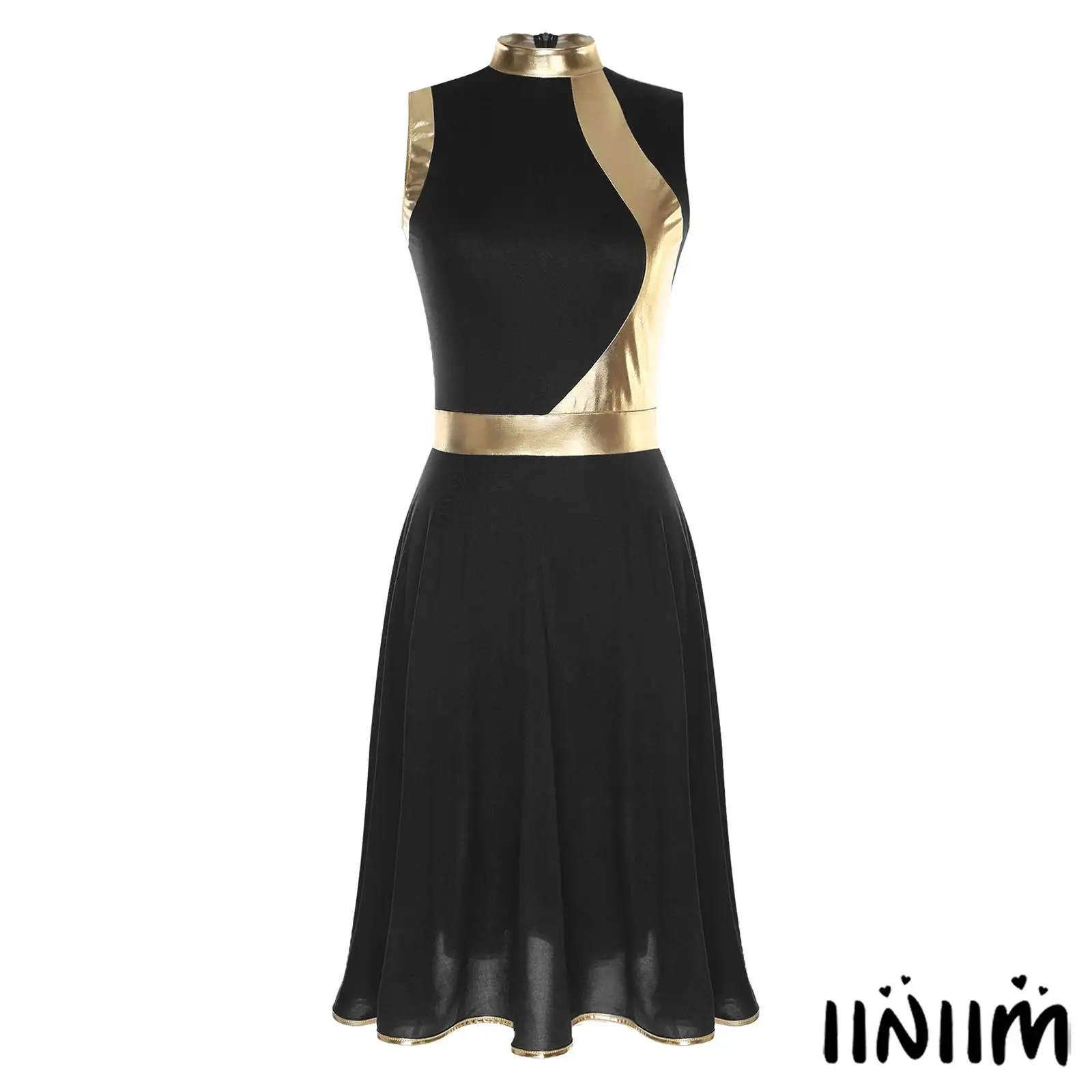 

Elegant Womens Sacred Dance Wear Sleeveless Mock Neck Metallic Patchwork Dress Chapel Liturgical Dance Performance Costume