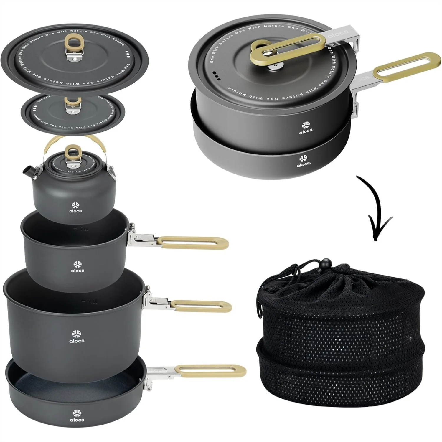 

Lightweight Camping Cookware Set for 2 with Kettle and Pots Portable Outdoor Mess Kit