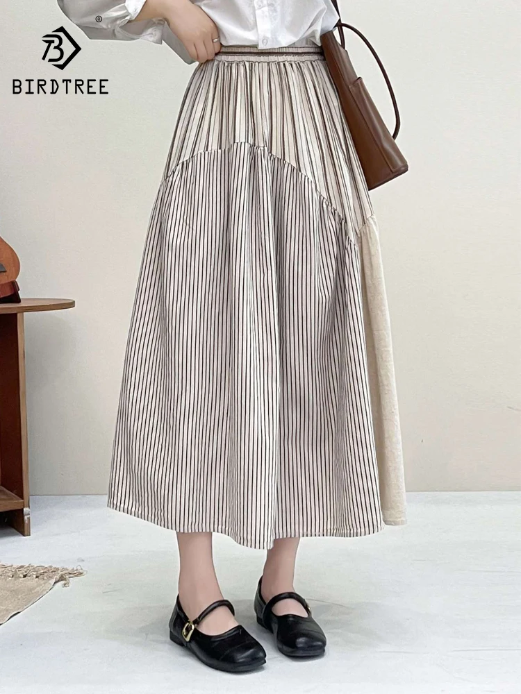 New Summer Cotton Sweet Skirts, Women Elastic Waist Striped Skirt, Mori Girl French Loose A-line Skirt, 2024 Autumn B478152QC