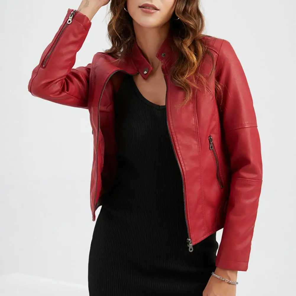 Women\'s Faux Leather Jacket, Solid Color Slim Fit Zipper Thin Stand Collar Motorcycle Fashion Casual Over Size Outerwear