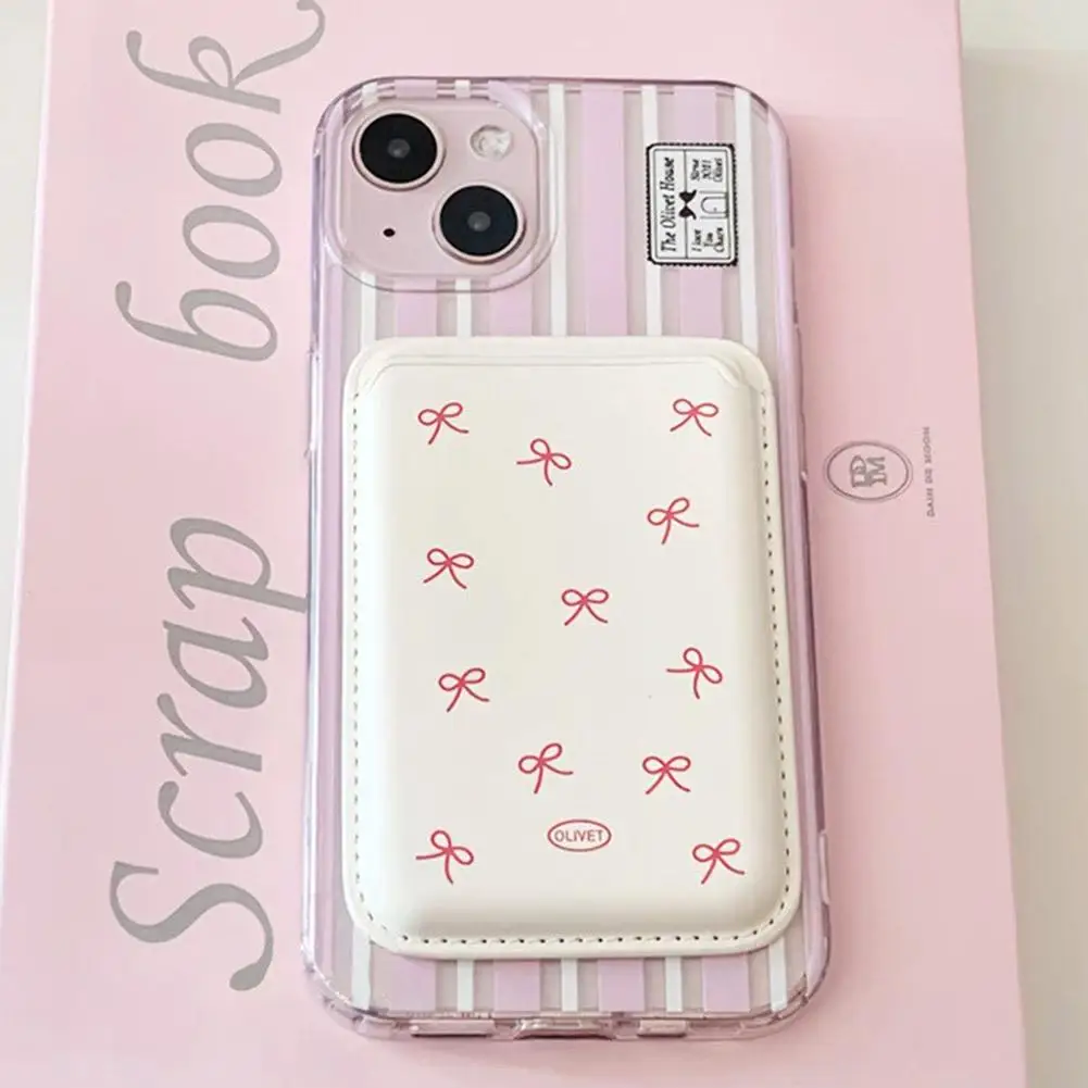 Korean Cute Bow MagSafe Wallet Magnetic Card Holder for iPhone 17 16 15 14 Pro Max PU Leather Pocket Phone Bag Accessory INS